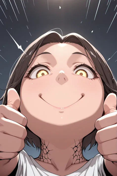 1girl, chibi, round face, short hair, Big expressive eyes ,,mischievous smile,  proud expression, Energetic Poses, Thumbs up with both hands, Thumbs up with both hands, outstretched arms towards the viewer, stares at viewers, Cheerful Look, BREAK, simple b...