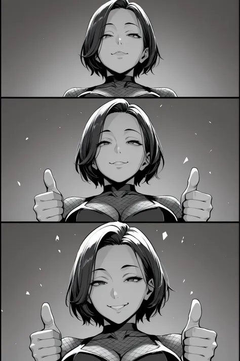 1girl, chibi, round face, short hair, Big expressive eyes ,,mischievous smile,  proud expression, Energetic Poses, Thumbs up with both hands, Thumbs up with both hands, outstretched arms towards the viewer, stares at viewers, Cheerful Look, BREAK, simple b...