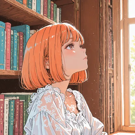 Bust up, 1girl, college student, bob cut, orange hair, white lace blouse, watercolor, library, sun light, rim light, masterpiece, 8k, HD,