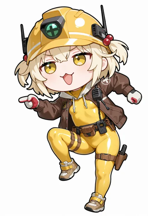 masterpiece,perfect anatomy,high resolution, ultra-detailed,dutch angle,absurdres,(chibi:1.7),full body,1girl,solo,nkliter, blonde hair, short hair, two side up, yellow eyes, yellow helmet, hair bobbles, yellow bodysuit, skin tight, brown jacket, drawstrin...