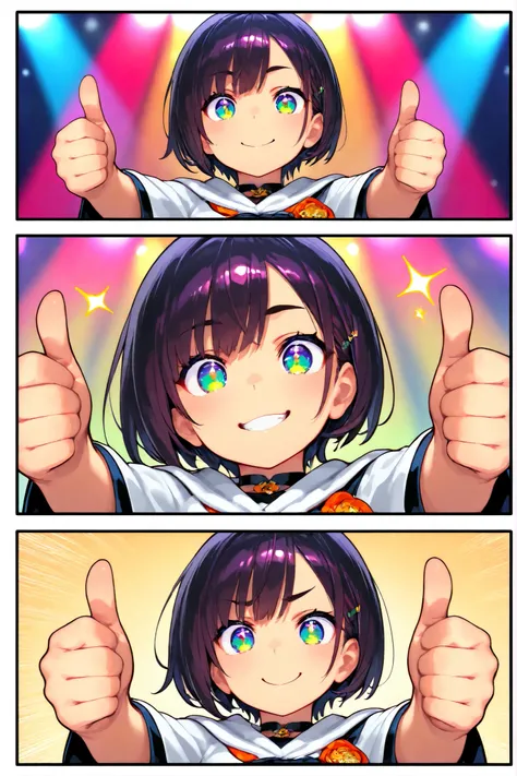 1girl, chibi, round face, short hair, Big expressive eyes ,,mischievous smile,  proud expression, Energetic Poses, Thumbs up with both hands, Thumbs up with both hands, outstretched arms towards the viewer, stares at viewers, Cheerful Look, BREAK, simple b...