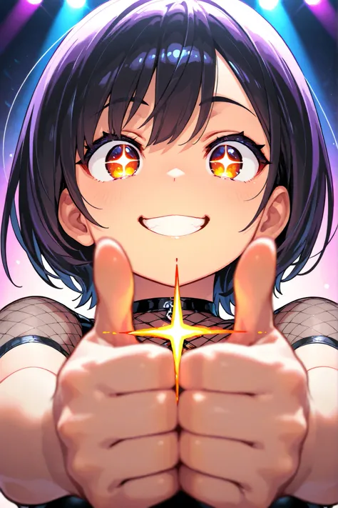 1girl, chibi, round face, short hair, Big expressive eyes ,,mischievous smile,  proud expression, Energetic Poses, Thumbs up with both hands, Thumbs up with both hands, outstretched arms towards the viewer, stares at viewers, Cheerful Look, BREAK, simple b...