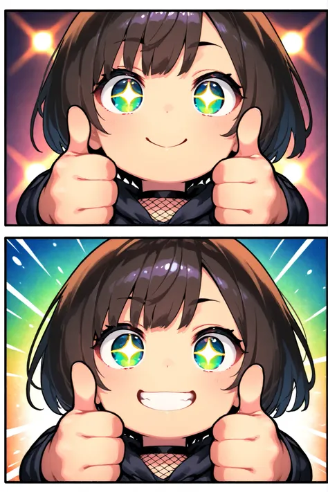 1girl, chibi, round face, short hair, Big expressive eyes ,,mischievous smile,  proud expression, Energetic Poses, Thumbs up with both hands, Thumbs up with both hands, outstretched arms towards the viewer, stares at viewers, Cheerful Look, BREAK, simple b...