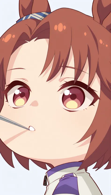 score_9, score_8_ up, score_7_ up, score_6_ up, Anime,( chibi:1.4),masterpiece, Highest Quality, Intricate Details, Oglicaps \(Uma Musume in Uniform\),solo,stares at viewers,Horse Ears,parted lips,portrait,white jacket,stupid hair,From the side, bright ey...