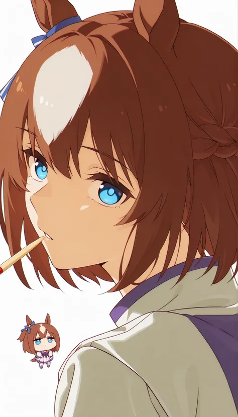 score_9, score_8_ up, score_7_ up, score_6_ up, Anime,( chibi:1.4),masterpiece, Highest Quality, Intricate Details, Oglicaps \(Uma Musume in Uniform\),solo,stares at viewers,Horse Ears,parted lips,portrait,white jacket,stupid hair,From the side, bright ey...