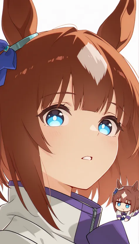 score_9, score_8_ up, score_7_ up, score_6_ up, Anime,( chibi:1.4),masterpiece, Highest Quality, Intricate Details, Oglicaps \(Uma Musume in Uniform\),solo,stares at viewers,Horse Ears,parted lips,portrait,white jacket,stupid hair,From the side, bright ey...