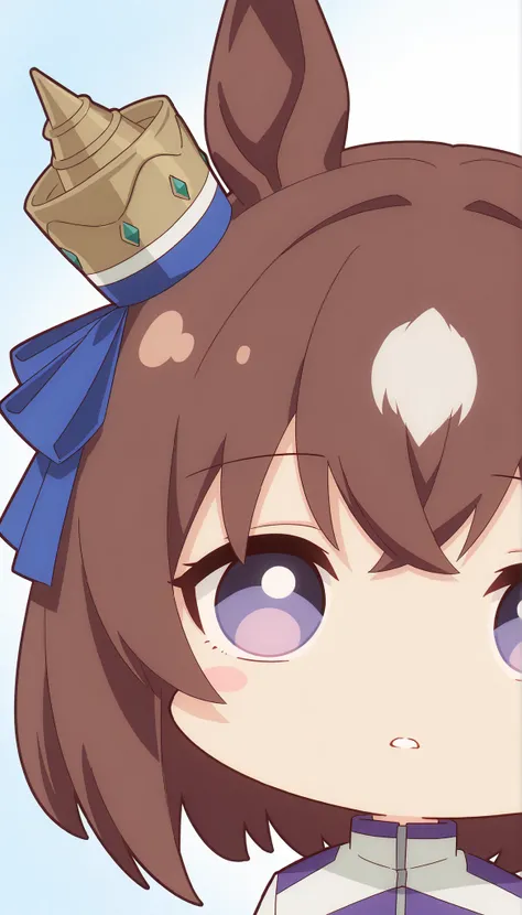 score_9, score_8_ up, score_7_ up, score_6_ up, Anime,( chibi:1.4),masterpiece, Highest Quality, Intricate Details, Oglicaps \(Uma Musume in Uniform\),solo,stares at viewers,Horse Ears,parted lips,portrait,white jacket,stupid hair,From the side, bright ey...