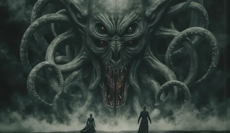 Eldritch entity, distorted face, tentacles coming out of the eyes and mouth, biomorphic body, darkness and fog background, high detail, masterpiece.