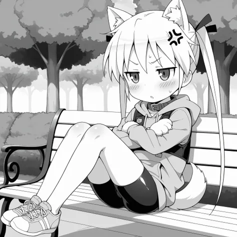 ((anime syale)),,score_9, score_8_up, score_7_up,masterpiece, best quality,ultra detail,1girl,(((park))), (((monochrome))),((((solo)))),sonya,twin tails,white cat ears,((white dog tail)),(white Dog paw glove with claws),(Black police vest),gray leather col...