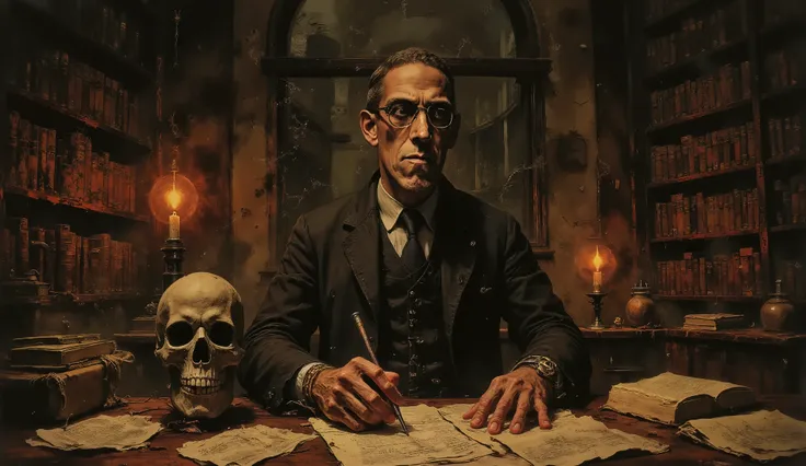 H.P. Lovecraft writing on parchment paper at his desk with a quill, a human skull sits on his desk, tentacles are coming out of the book case, wire framed glasses, portrait, Lovecraftian horror, library study background, dark surrealism, high detail, maste...