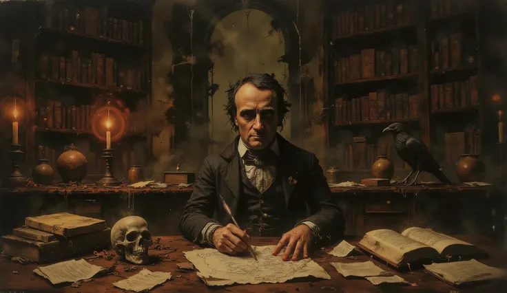 Edgar Allan Poe writing on parchment paper at his desk with a quill, a human skull sits on his desk, a Raven sits on the bookcase, portrait, Gothic fantasy, Gothic library background, dark surrealism, high detail, masterpiece.