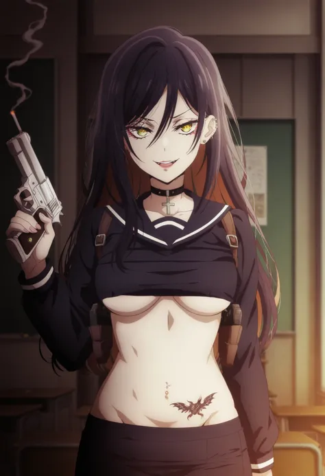 anime screencap, anime screenshot, 1girl, solo, long hair, colored inner hair, yellow eyes, , eyeliner, , , ear piercing, long hair, , lipstick,Hot girl, baddie, smoking, sensual, attractive ,cross necklace, choker,
masterpiece, best quality, highly detail...
