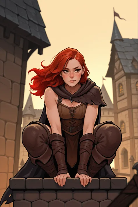 girl rogue, alone in the foreground, in an idle pose, She has red hair, freckles, dark fantasy, roofs of medieval castle