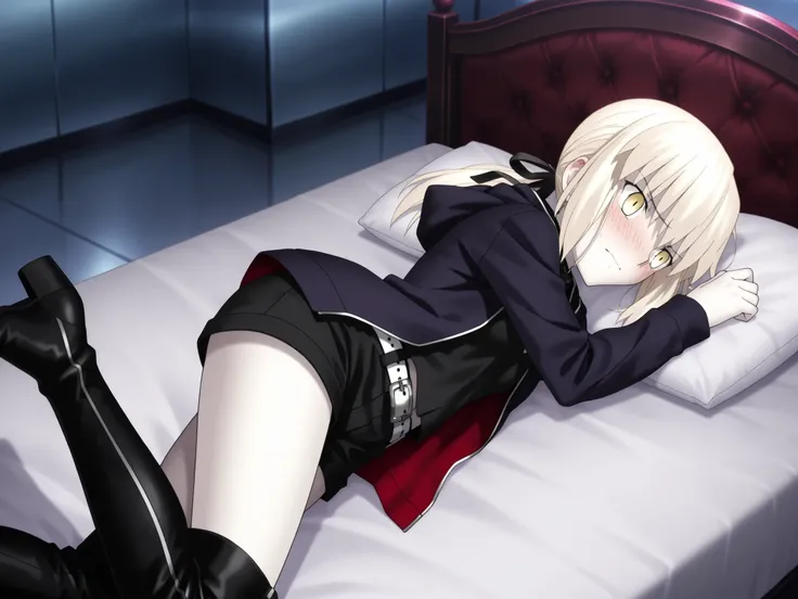 1girl, solo, Saber alter shinjuku, fate grant order, high boots, lying on the bed, the view on the side, the clothes slipping, embarrassed