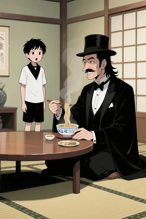 cartoon style、Japanese Horror、A man is sitting and eating ramen。man in his forties、The man is tall, hasi a semi-long black hair , he has a long and big nose、Smart gentleman、with a thin mustache、Long face、Have a sharp eyes、black tuxedo、 silk hat 、wearing a black cloak、Sitting with a smile、Tatami room、round table、Japanese-style room、There is a boy standing behind、The boy wears a short-sleeved black triangle collar, black shorts, and a white shirt, and black eyesthe boy is stunned