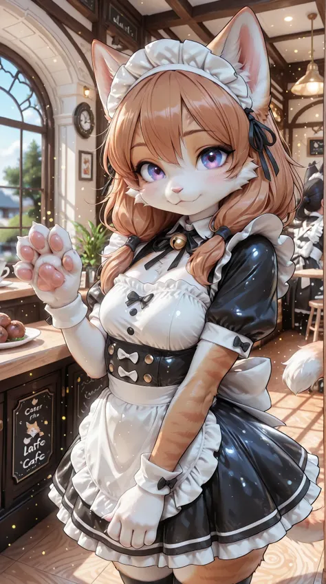 Farley, cute, Fur, Kemono,  cat ear maid, Maid Outfit,  Cat's paw , Meatball, Farley娘, cute, High Quality, photographic, super definition, 3d rendering, gorgeous color, deep depth of field, Magical Space, dreamy atmosphere, maid cafe, soft lighting, Fine T...
