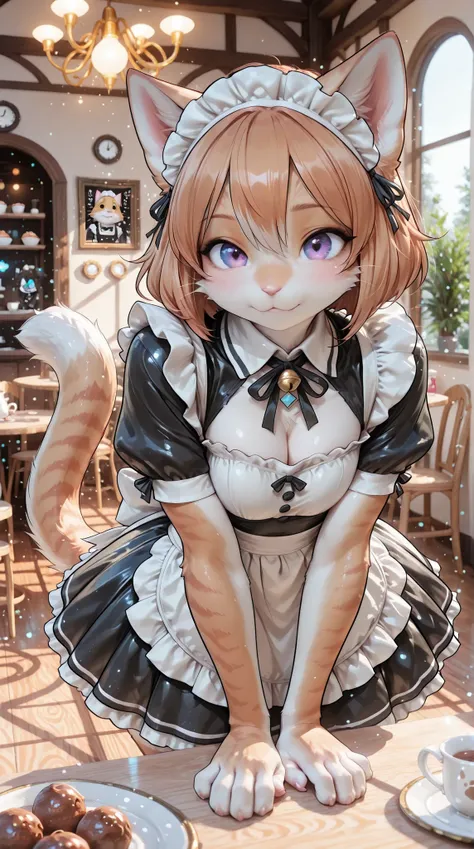 Farley, cute, Fur, Kemono, cat ear maid, Maid Outfit, Cat's paw , Meatball, Farley娘, cute, High Quality, photographic, super definition, 3d rendering, gorgeous color, deep depth of field, Magical Space, dreamy atmosphere, maid cafe, soft lighting, Fine T...