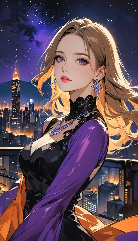 intense ink painting, ung woman with perfect face , perfect style, brownish blond long hair , pink lips, beautiful brown eyes, shiny skin, earrings, necklaces, purple and orange sleeve dress, perfect art , night sky, starry sky, city background, digital...