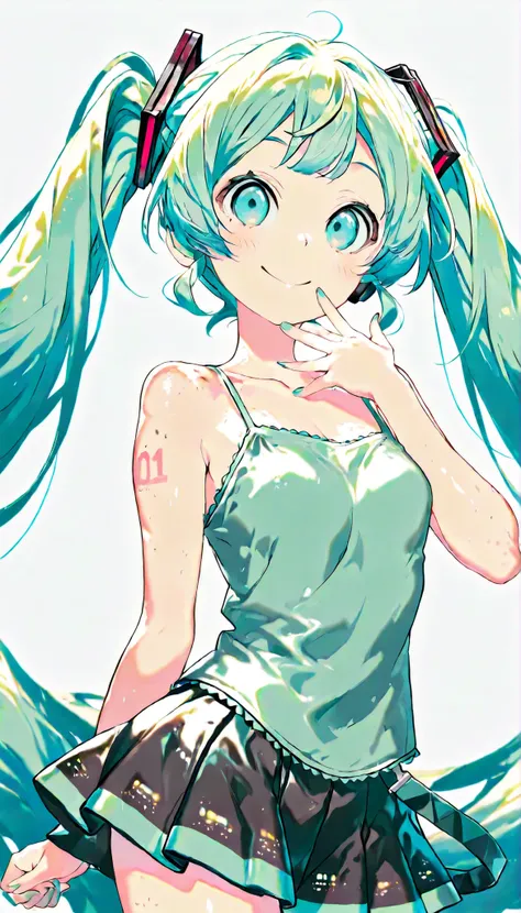 (masterpiece、Highest Quality、Highest Quality、official art、Beautiful Beautiful:1.2),Hatsune Miku、beautiful breasts、Light Green Twin Tails、masterpiece, Highest Quality, Super Details, 8k, high resolution, 1 girl, Smile, Textured Skin, Shiny, straight, long h...