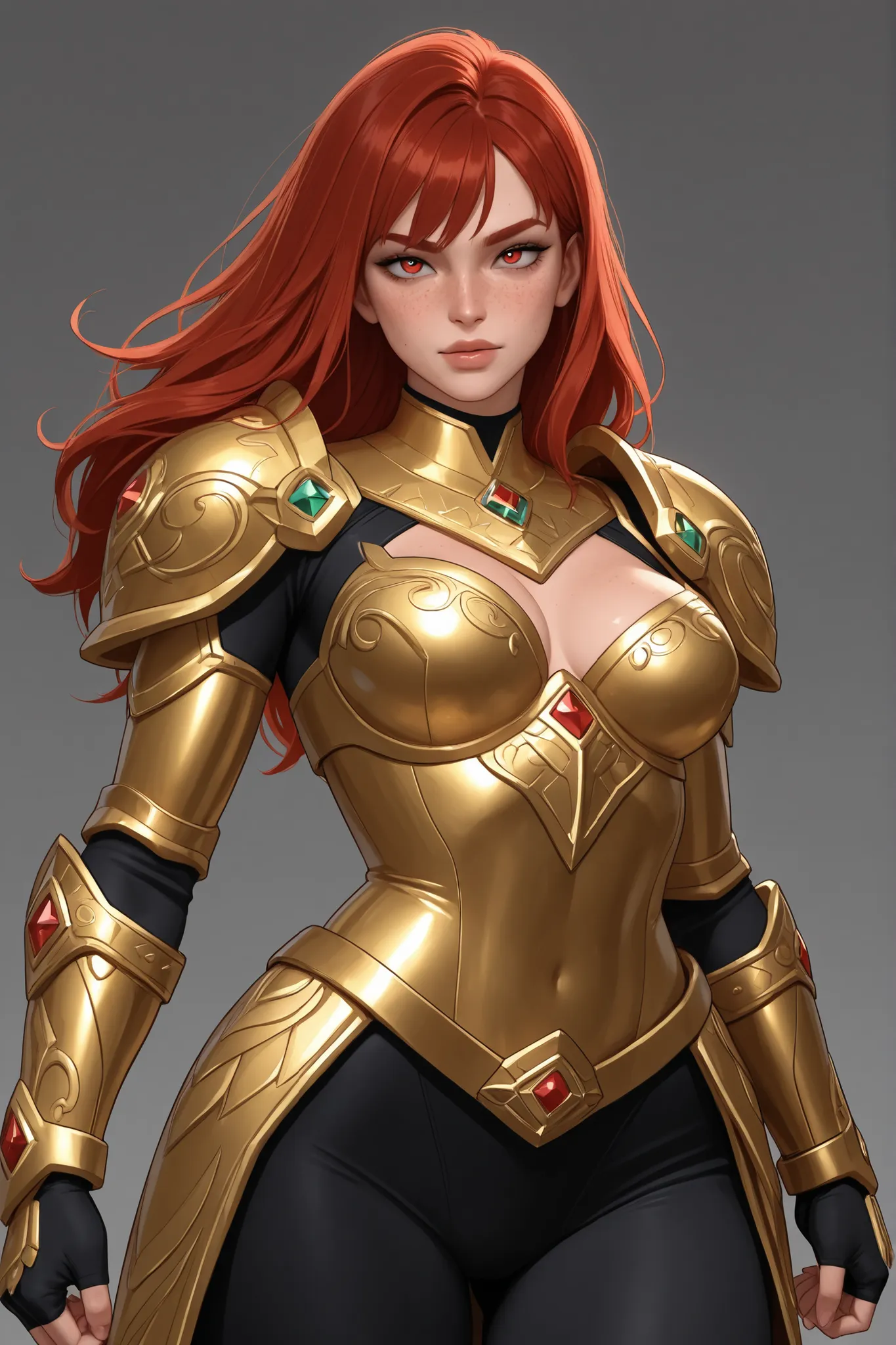 Valkyrie Woman, beautiful, with red hair and her face with freckles, with a sexy body, with golden armor and tight, with an intimidating look 