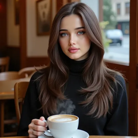 realistic photo of Mariyan Pashaeva, long hair, wearing a turtleneck sweater, sitting in a cafe having a coffee, smiling at viewer.