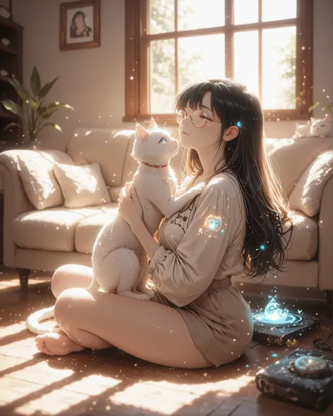 masterpiece, image rich in details, 1girl, beautiful woman with nice curves, long black hair, wearing round glasses and casual clothes, sitting on the wooden floor with her legs in the yoga position with her back resting on a sofa hugging a deceased white ...