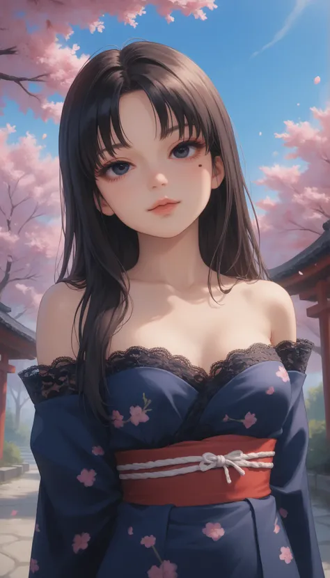 1 girl, Tomie, mature appearance, long hair, black , big  black eyes, doll eyes, highly detailed face, mole (under left eye on cheek), glossy detailed lips, parted bangs, eyeshadow, medium sized breasts, cleaveage, exposed shoulders, collarbone, highly det...