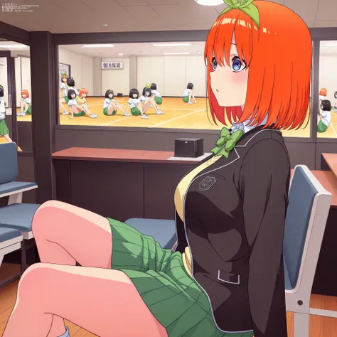 1girl,unwellness depressed y0tsuba, large breasts, orange hair, blue eyes, short hair, hair between eyes green bow hairband, black blazer, open blazer, yellow sweater vest, white collared shirt, bowtie, plaid bowtie, green skirt, pleated skirt,y0tsuba, ora...