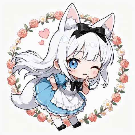 ((Masterpiece)),((best quality)),((incredibly absurdres)),((8K)),(anime style),
(1 chibi girl:1.3),solo,white hair,long hair,straight hair,blue eyes,baby face,cute,kawaii,(white fox ears,white fox tail),pink inner ear,white ear hair,
alice in wonderland in...