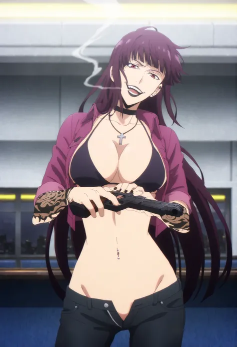 best quality, highly aesthetic, absurdres, masterpiece,  kanae_tawata_pm, purple hair, long hair, (arm tattoo:0.8), black lips, blunt bangs, red eyes, , , ear piercing, long hair,, lipstick,Hot girl, baddie, smoking, sensual, attractive ,cross necklace, ch...