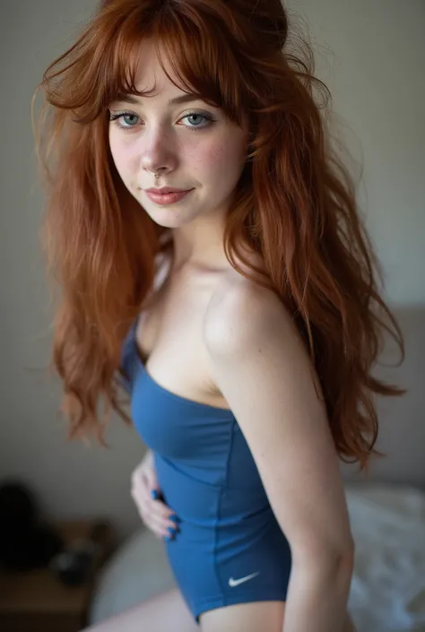Candid shot of a young 18-year-old girl, her long, tousled hair framing her beautiful, detailed face as she poses confidently. She's wearing a tight-fitting blue leotard that emphasizes her toned physique and leaves little room for imagination. She has a s...