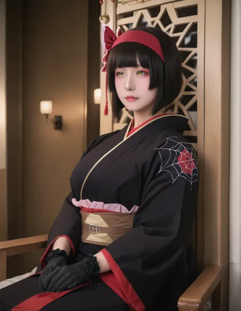 (masterpiece, best quality, amazing quality, very aesthetic, absurdres, newest, ),realistic,cosplay, (detailed eyes, detailed face:1.2), 1girl, solo, mio-mlf, black hair, short hair, blunt bangs, bob cut, bangs, yellow eyes, japanese clothes, kimono, bow, ...