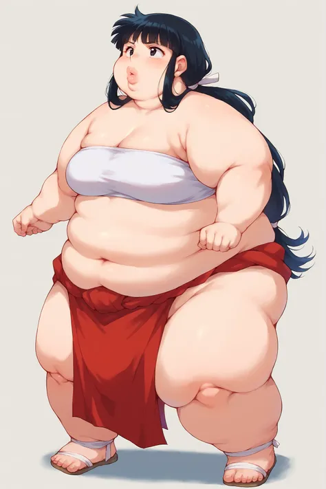 portrait, sharp focus, soft lighting,, , illustration, depth of field, (bloom:0.4), Kikyou, black eyes, black hair,long hair, hair pulled back, fat, chubby, obese, white tube top, red loincloth, a mawashi, sumo wrestler, shiko dachi stance, horse stance, b...