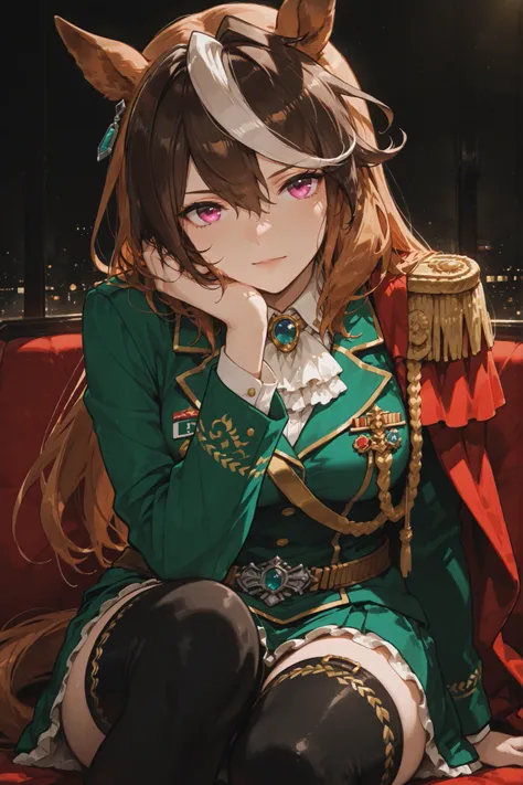 symboli rudolf (umamusume), head to knee angle portrait, wearing her official racing outfit with a green military-style jacket with medals, red cape on the left shoulder with gold epaulettes, white frilled tie, green mini skirt with white frilled inner lay...