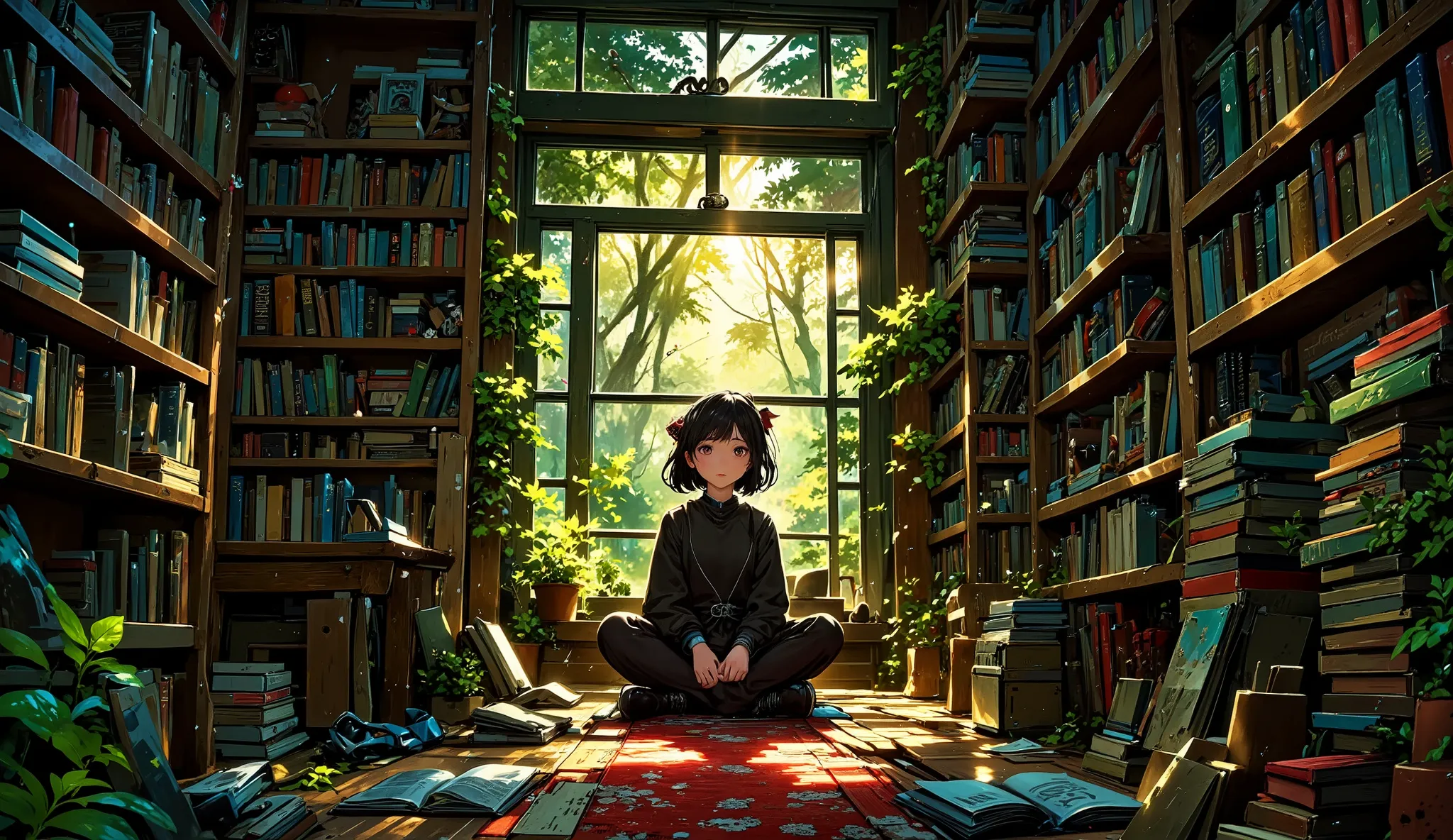 anime, aesthetic, cinematic, 1girl, jungle, books, library, detailed portrait of a young anime girl, beautiful delicate facial features, serene expression, sitting cross-legged on the floor of a jungle library surrounded by bookshelves, sunlight filtering ...