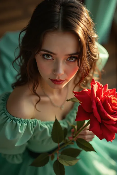 High Quality,4K,8K,Realistic,as pictured,HDR,UHD,Studio Lighting,detailed oil painting,sharp focus,physical base rendering,Super Detailed,Professional,vivid colors,bokeh effect, 
A white woman with a bright red rose, from above, dynamic, (dancing tango wit...