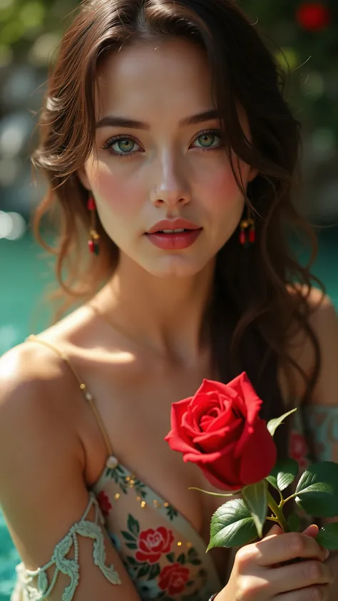 High Quality,4K,8K,Realistic,as pictured,HDR,UHD,Studio Lighting,detailed oil painting,sharp focus,physical base rendering,Super Detailed,Professional,vivid colors,bokeh effect, 
A white woman with a bright red rose, from above, dynamic, (dancing tango wit...
