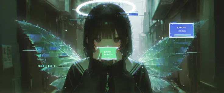 masterpiece, newest,absurdres, incredibly absurdres,sketchy brushstrokes, sketch,film grain, 7481llu,dynamic pose, glitch, 1girl, solo, halo,heads-up display,error message,text ,looking at viewer, upper body, bangs, long sleeves, black hair, sleeves past w...
