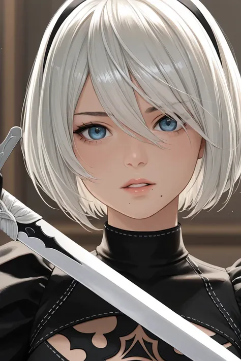 1girl, solo, 2b, nier automata, parted lips, mole under mouth, blue eyes, black dress, lace-trimmed dress, holding sword, white sword, depth of field, portrait, masterpiece, best quality, high quality, amazing quality, absurdres, newest