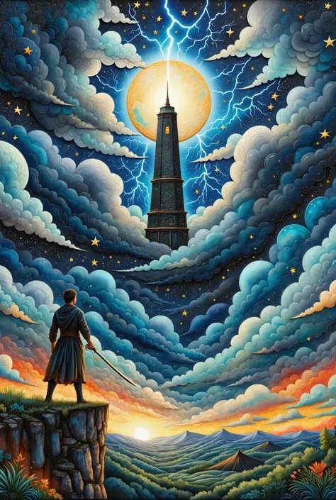  oil painting art , disaster々Shiny black tower ,   catches lightning and makes its silhouette float, Deep Valley ,  dark clouds spring up into the sky ,  lightning falls many times from dark clouds , (  A long round radish stands on a cliff  ,  Back view, ...