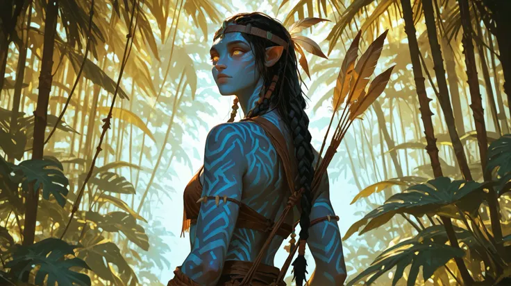 solo, colse-up portrait, a female Na'vi warrior standing confidently in the lush jungle, with deep cyan-blue skin, glowing bioluminescent markings across her face and body, tall and athletic build, long braided dark hair adorned with feathers and beads, la...