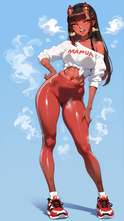 masterpiece、 High Quality 、 high image quality、 super detailed、staying、full body、throw, photograph of a beautiful、Photo_Comparison、 devil smile 、((oily skin, steam, Big Mouth))、 full body、Meru the Succubus (merunyaa) 、 Black Off Shoulder Shirt、long legs, r...