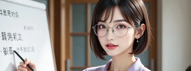 woman lecturing in front of a whiteboard holding a finger stick in her hand,I have a finger stick in my hand, 1 Japanese woman,short hair, ((glasses)),gentle smile