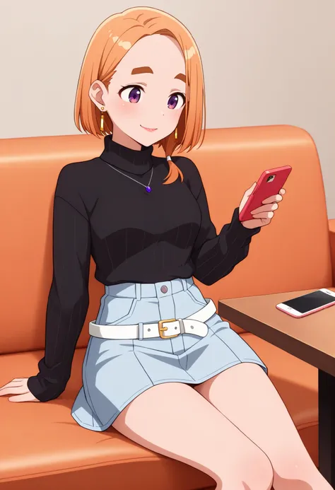 masterpiece, best quality, amazing quality, detailed background,1girl, sitting on couch, looking at smart phone, gentle smile, soft lighting, homely atmosphere, ambient light, relaxed pose, peaceful vibe, table,red lip liner, banri shiunji (shiunji-ke no k...