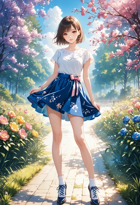 ink painting and watercolor fusion、Beautiful and cheerful girl、blue and white top and skirt style、 Stylish design 、 Realistic Art 、brown eyes in love、Koisuru Pink Lips、short hair,perfect face、 perfect style 、Suburban Forest Park、colorful flowers blooming、...