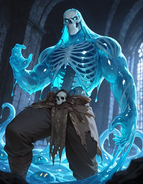 Expressiveh, score_9, score_8_up, score_7_up, slime short hair, body made of slime, muscular, giant, goliath, slime of a brilliant turquoise blue tone, solo male, alone, haughty, slime in a form of a man, dark buggy pants, athletic, human like slime, golia...