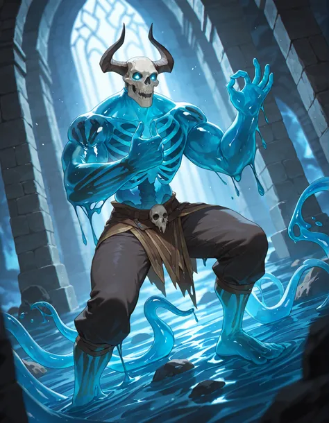 Expressiveh, score_9, score_8_up, score_7_up, slime short hair, body made of slime, muscular, giant, goliath, slime of a brilliant turquoise blue tone, solo male, alone, haughty, slime in a form of a man, dark buggy pants, athletic, human like slime, golia...