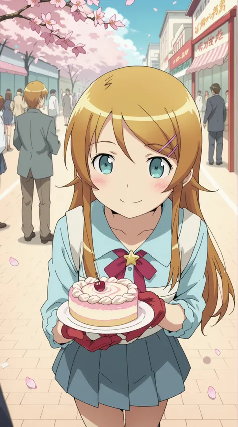 score_9, score_8_above, score_7_above, source_anime, ray tracing, best quality, anime screenshot, anime coloring,   1girl, Kousaka Kirino, pasador de pelo, Alone, It will be Fuku ,  blue pleated skirt , Red handkerchief, hair ornament in the shape of a waving star, looking at the spectator,  smile, gap-mouthed orgy, standing, cowboy suit, outdoor, street, cherry blossoms, Petals, depth of field, His holding a cake with both hands