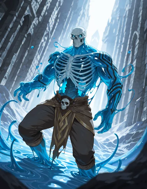 Expressiveh, cold stare, solo male, hungry, score_9, score_8_up, score_7_up, slime short hair, body made of slime, muscular, giant, goliath, slime of a brilliant turquoise blue tone, source_anime, haughty, slime in a form of a man, dark buggy pants, athlet...