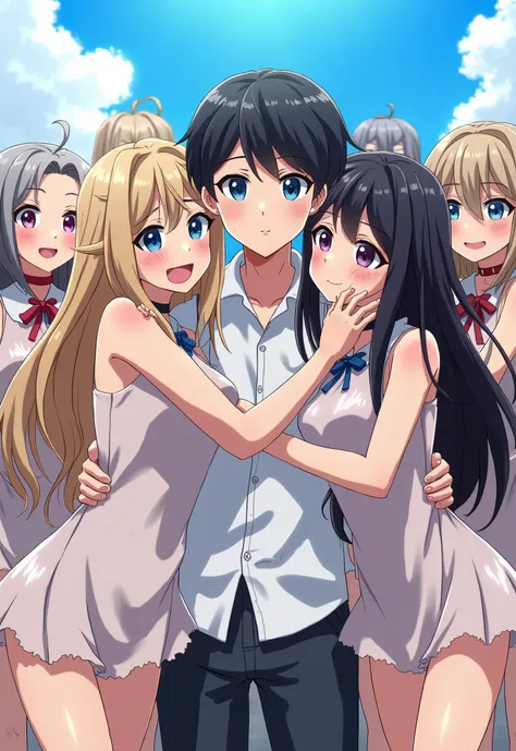 anime style, masterpiece、Highest Quality、Numerous awards、slightly naughty bright light novel cover image、a fresh male middle school student in the center, short black hair with waist, White short sleeve shirt Japanese student uniform, is shy、(Being Hugged ...